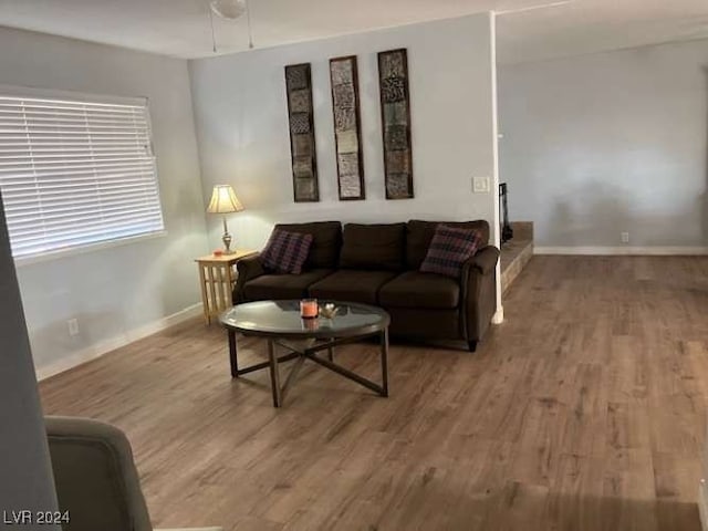 living room featuring wood-type flooring and ceiling fan