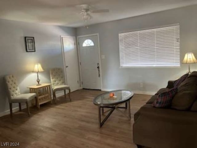 living room featuring ceiling fan and hardwood / wood-style floors