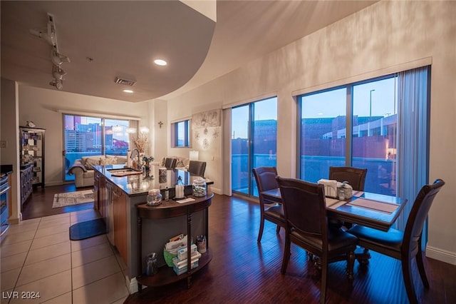 dining space with baseboards, rail lighting, healthy amount of natural light, wood finished floors, and recessed lighting