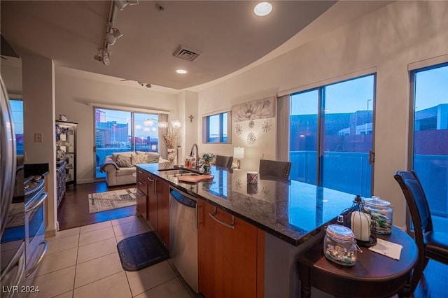 kitchen featuring a sink, appliances with stainless steel finishes, open floor plan, light tile patterned floors, and plenty of natural light