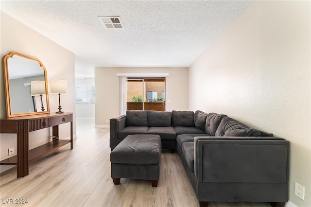 living room with light hardwood / wood-style floors and a textured ceiling