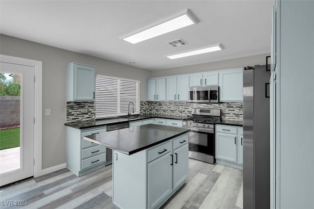 kitchen with stainless steel appliances, backsplash, light wood-type flooring, and a kitchen island