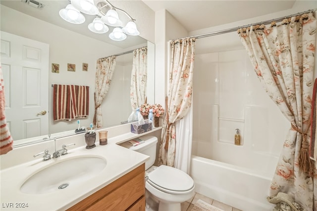 full bathroom featuring shower / bathtub combination with curtain, tile patterned floors, vanity, toilet, and a notable chandelier