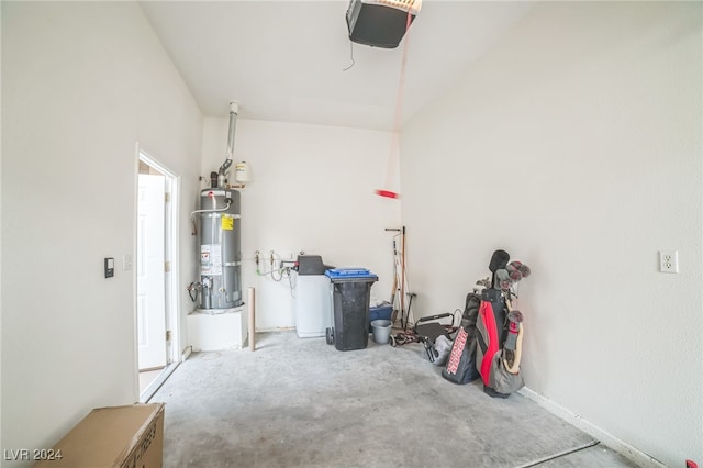 garage featuring a garage door opener and secured water heater