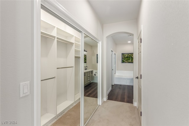 corridor featuring carpet floors and sink