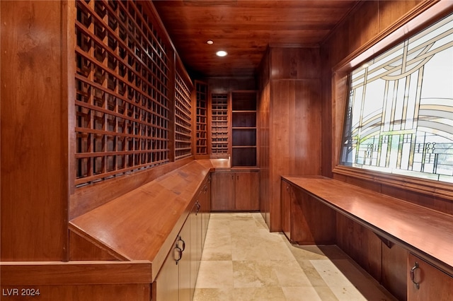 wine area featuring wooden ceiling