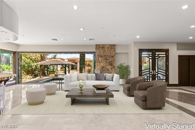 living room featuring french doors