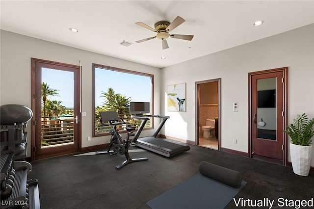 exercise room featuring ceiling fan