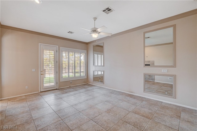 interior space featuring ornamental molding, ceiling fan, and light tile patterned floors