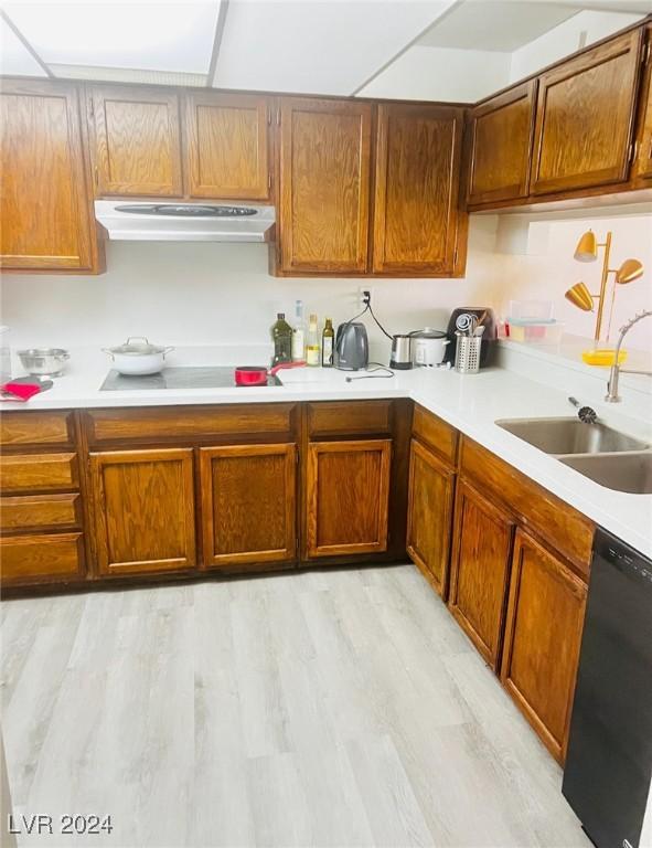 kitchen with dishwasher, stovetop, light hardwood / wood-style flooring, and sink