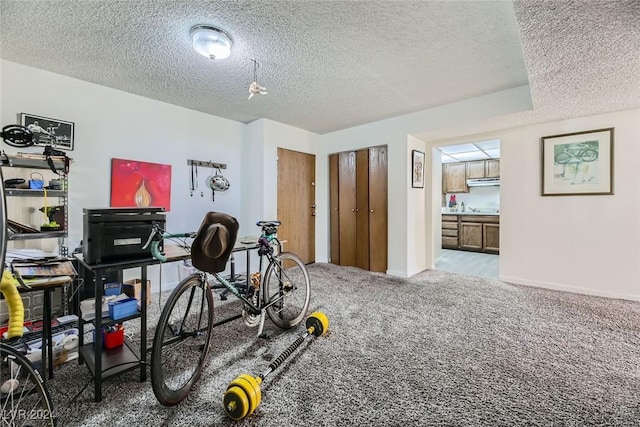 exercise room with carpet flooring and a textured ceiling