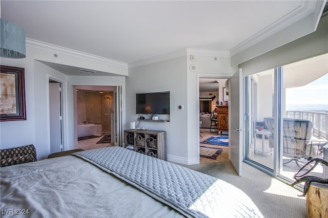 bedroom with ornamental molding, ensuite bath, access to exterior, and carpet flooring