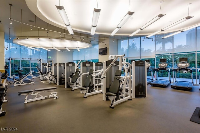 gym featuring floor to ceiling windows