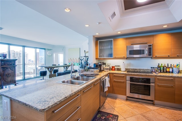 kitchen featuring ornamental molding, light stone counters, kitchen peninsula, and appliances with stainless steel finishes