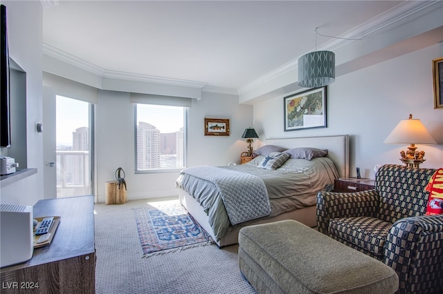 carpeted bedroom with crown molding