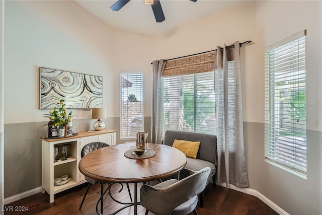 dining room featuring ceiling fan and dark hardwood / wood-style flooring