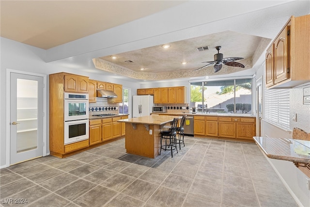 kitchen with ceiling fan, a raised ceiling, a kitchen island, a kitchen breakfast bar, and stainless steel appliances