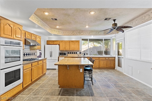 kitchen with ceiling fan, a raised ceiling, a kitchen island, appliances with stainless steel finishes, and a breakfast bar area