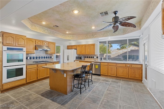 kitchen with a kitchen island, ceiling fan, stainless steel appliances, and plenty of natural light