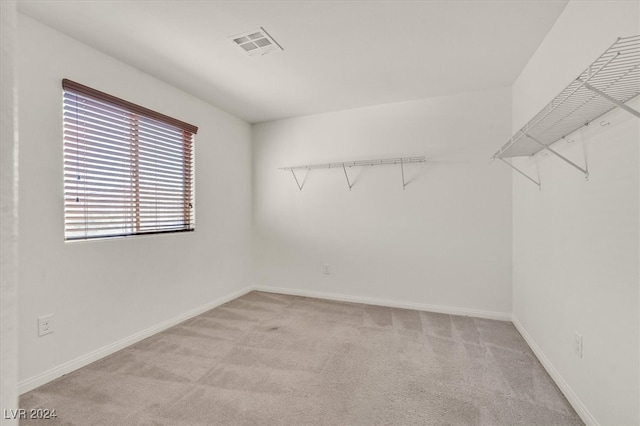 spacious closet featuring light colored carpet