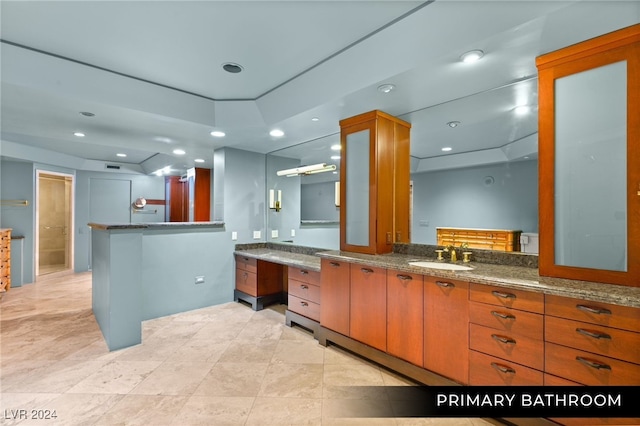 bathroom with vanity and a raised ceiling