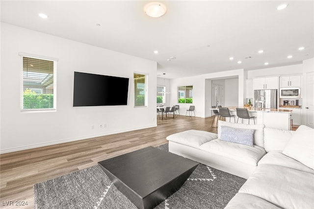 living room with light wood-type flooring and sink