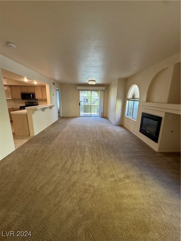 unfurnished living room with carpet floors and a textured ceiling