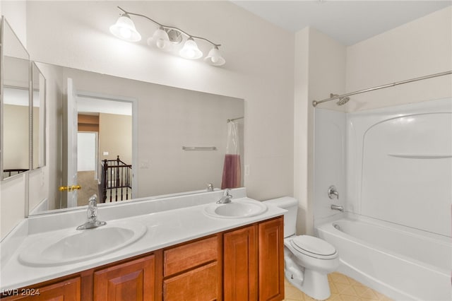 full bathroom with shower / bath combo with shower curtain, vanity, and toilet