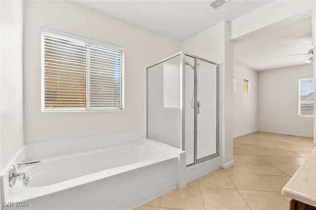 bathroom with tile patterned flooring, vanity, separate shower and tub, and ceiling fan