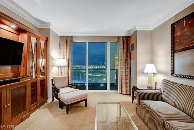 carpeted living room featuring ornamental molding