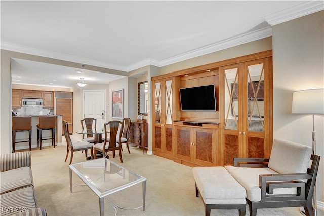 carpeted living room with ornamental molding