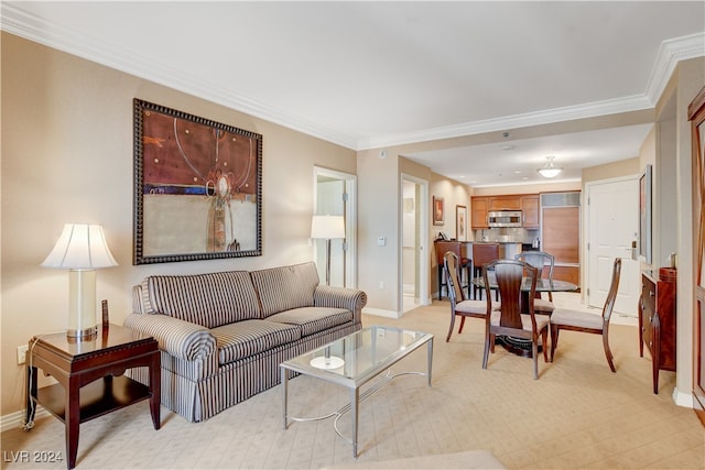 carpeted living room featuring crown molding