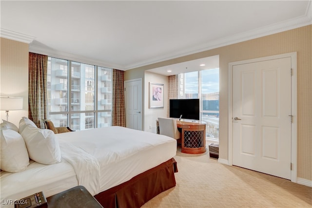 bedroom featuring crown molding and a closet