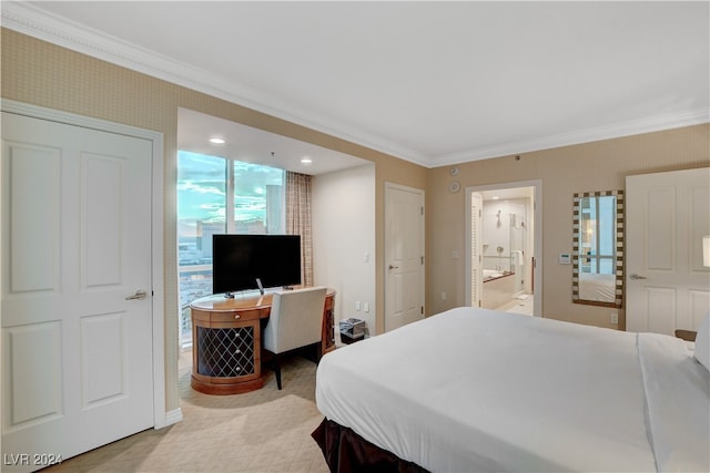 bedroom featuring ornamental molding and connected bathroom