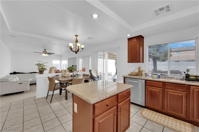 kitchen with light tile patterned floors, visible vents, recessed lighting, stainless steel dishwasher, and open floor plan