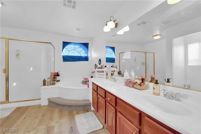 bathroom with a sink, visible vents, a healthy amount of sunlight, and a shower stall