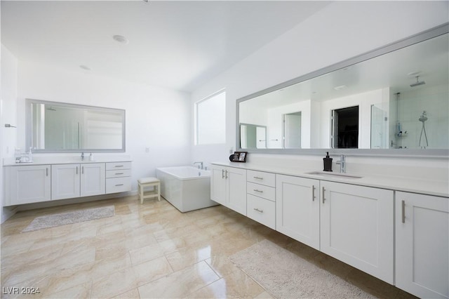 bathroom with separate shower and tub and vanity