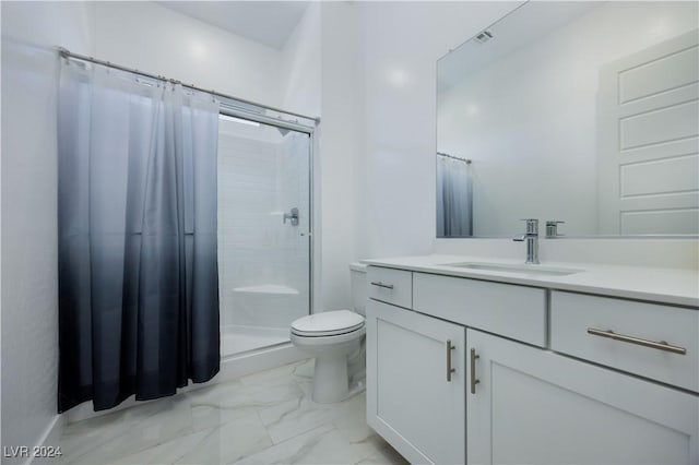 bathroom with toilet, vanity, and a shower with curtain