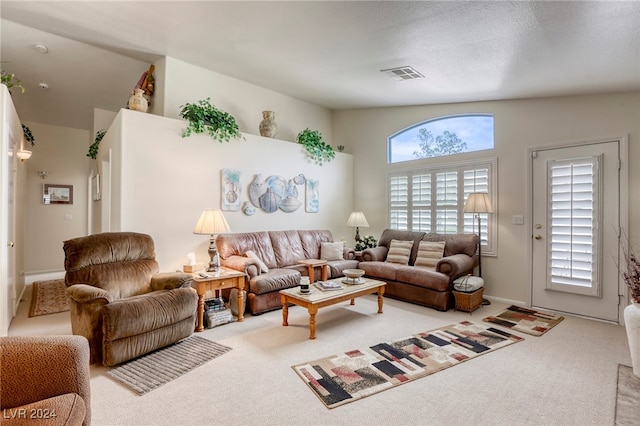 carpeted living room featuring lofted ceiling