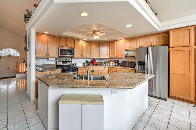 kitchen featuring a tray ceiling, a kitchen island with sink, sink, appliances with stainless steel finishes, and ceiling fan