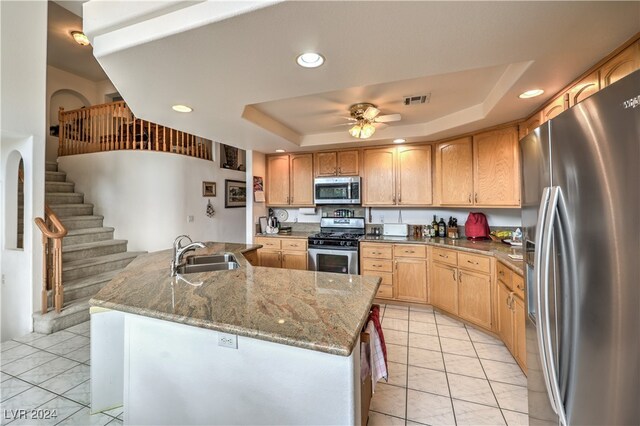 kitchen featuring an island with sink, appliances with stainless steel finishes, sink, and a tray ceiling