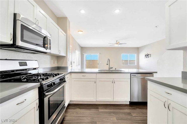 kitchen with sink, ceiling fan, stainless steel appliances, and white cabinets