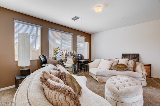 living room featuring light carpet