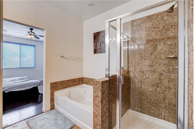 bathroom with independent shower and bath, tile patterned flooring, and ceiling fan