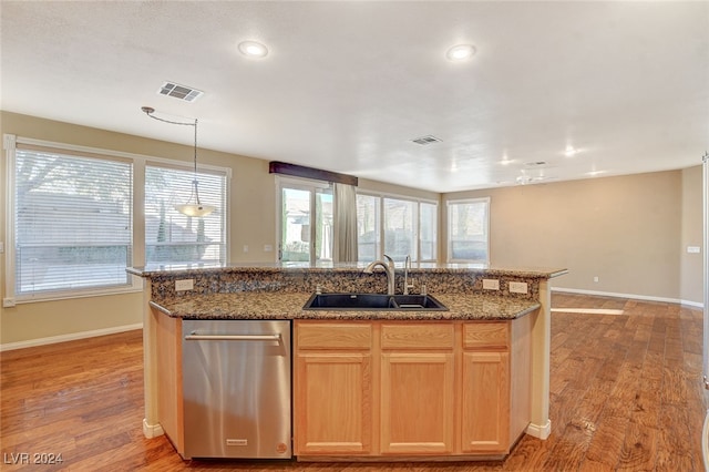 kitchen with dishwasher, light hardwood / wood-style floors, a healthy amount of sunlight, and sink