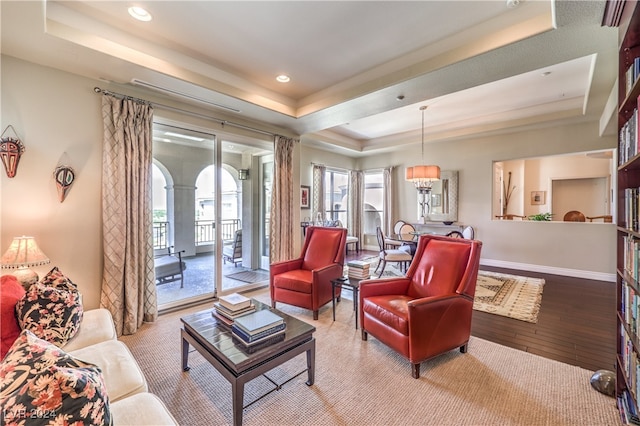 living room featuring hardwood / wood-style flooring and a raised ceiling