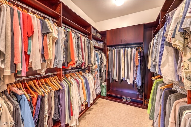 walk in closet featuring light carpet