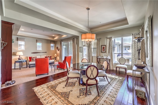 dining room featuring an inviting chandelier, a tray ceiling, and dark hardwood / wood-style flooring