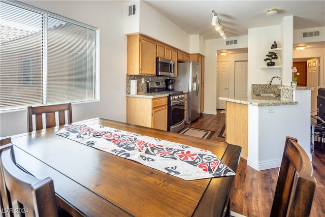 kitchen with sink, appliances with stainless steel finishes, dark hardwood / wood-style flooring, kitchen peninsula, and light stone countertops