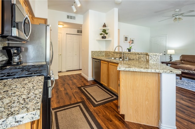 kitchen with sink, dark hardwood / wood-style flooring, light stone counters, kitchen peninsula, and stainless steel appliances